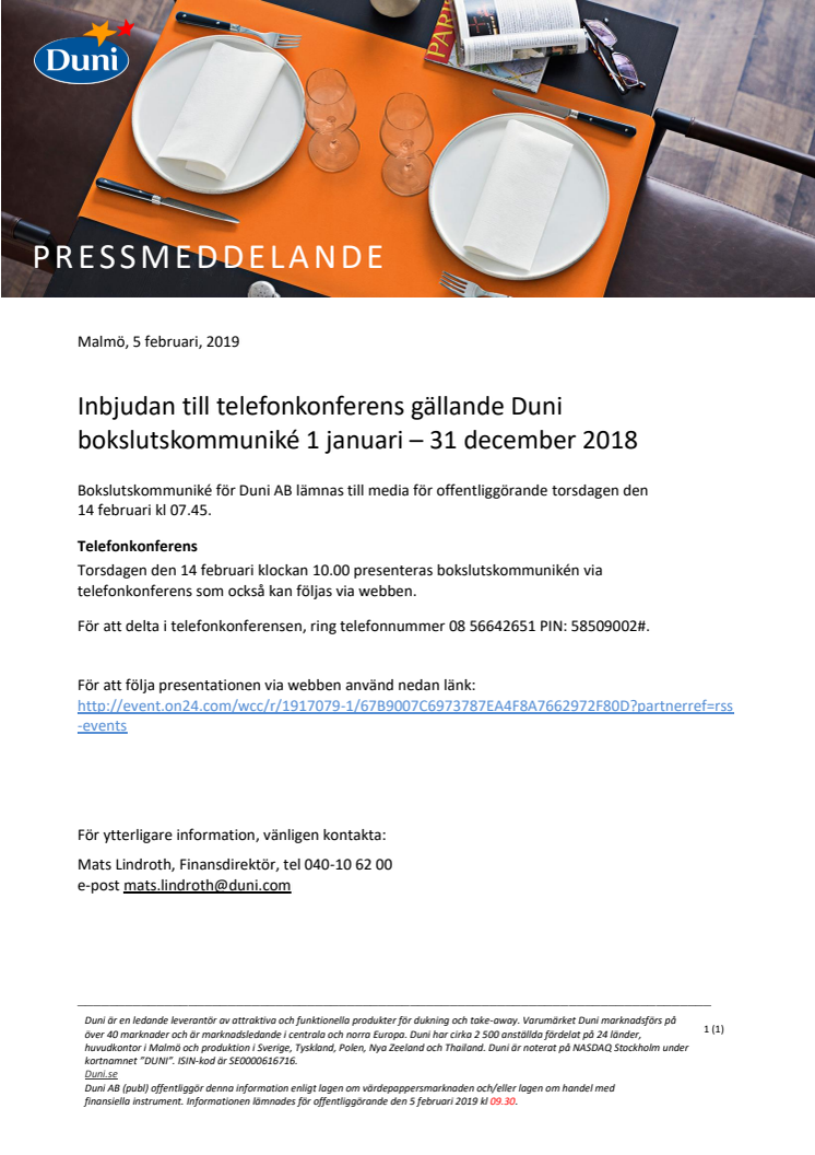 Inbjudan till telefonkonferens gällande Duni bokslutskommuniké 1 januari – 31 december 2018