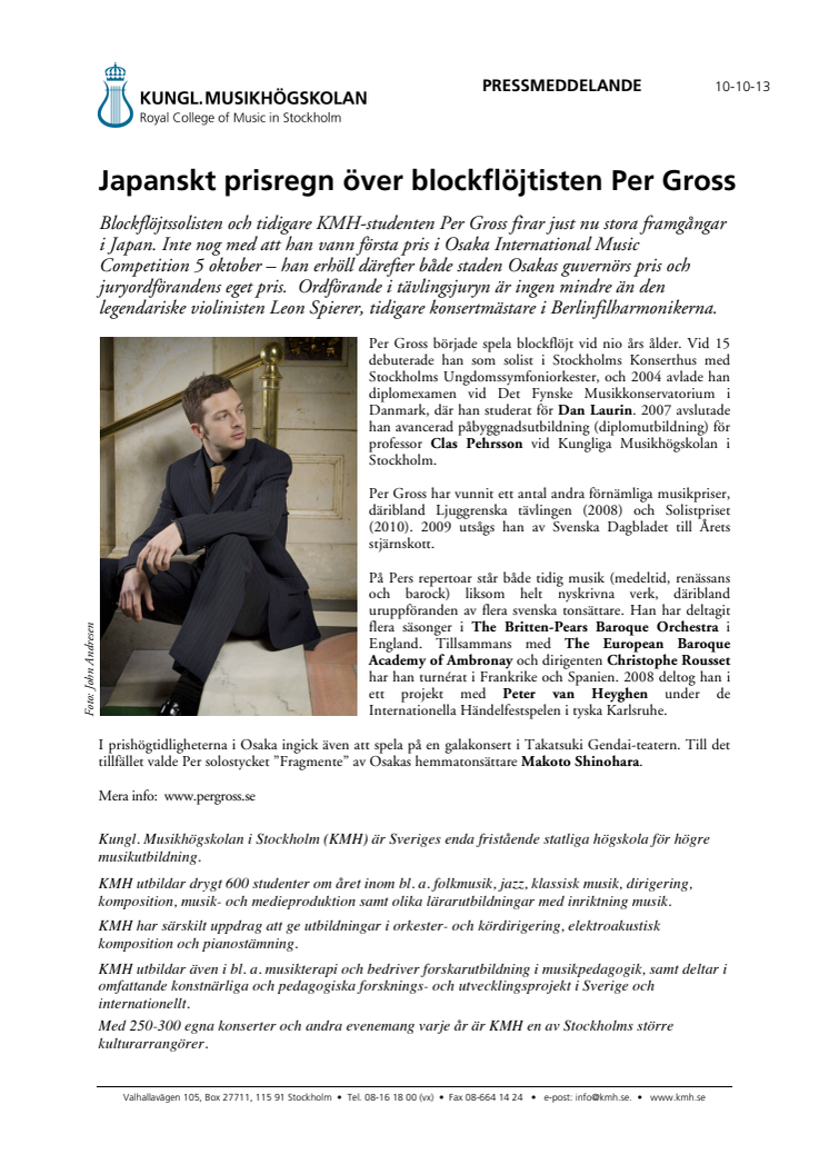 Japanskt prisregn över blockflöjtisten Per Gross