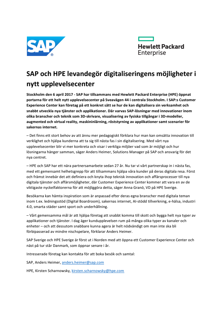 ​SAP och HPE levandegör digitaliseringens möjligheter i nytt upplevelsecenter