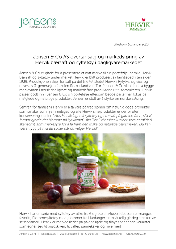  Jensen & Co AS overtar salg og markedsføring av Hervik bærsaft og syltetøy i dagligvaremarkedet