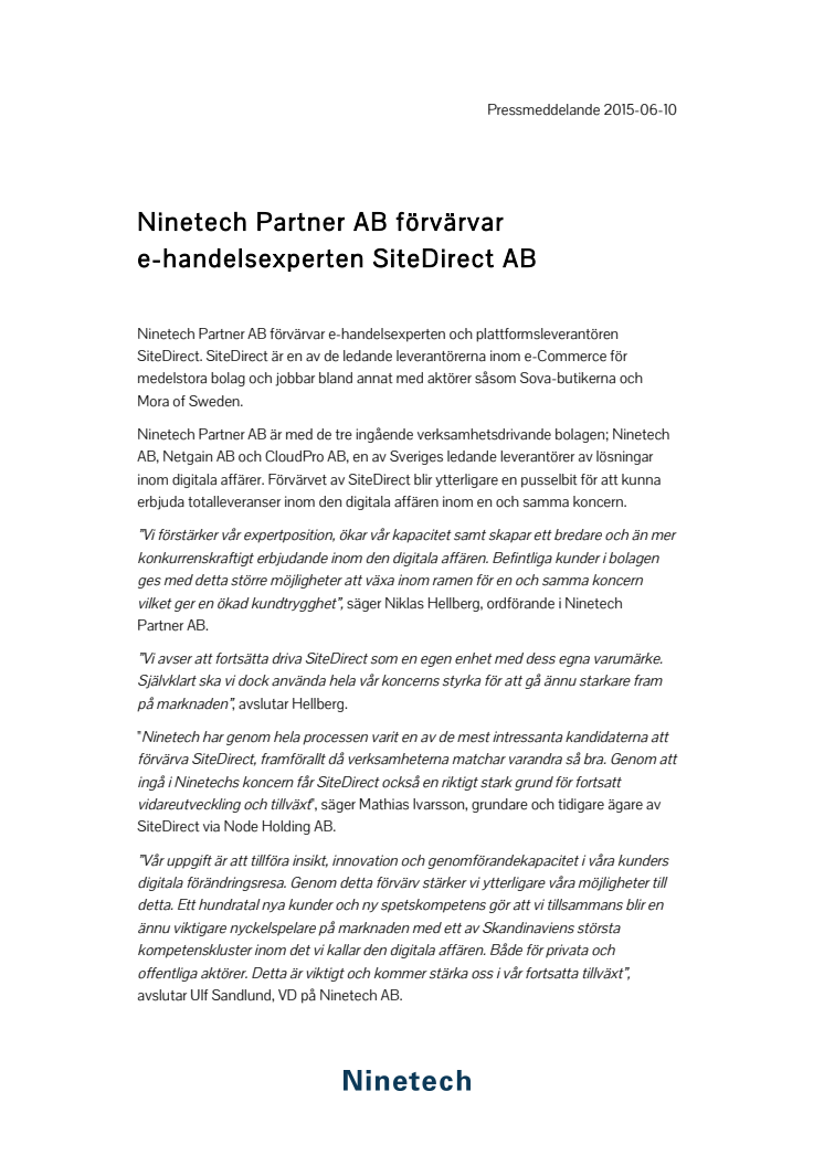 Ninetech Partner AB förvärvar e-handelsexperten SiteDirect AB