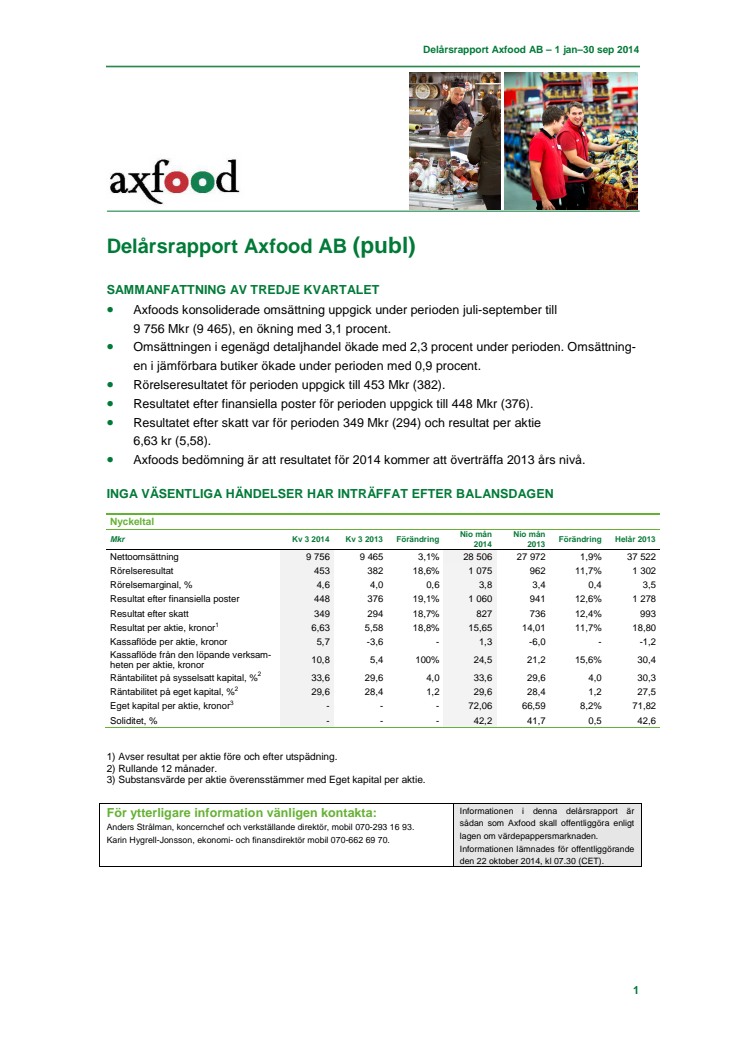 Delårsrapport Axfood AB 1 jan–30 sep 2014