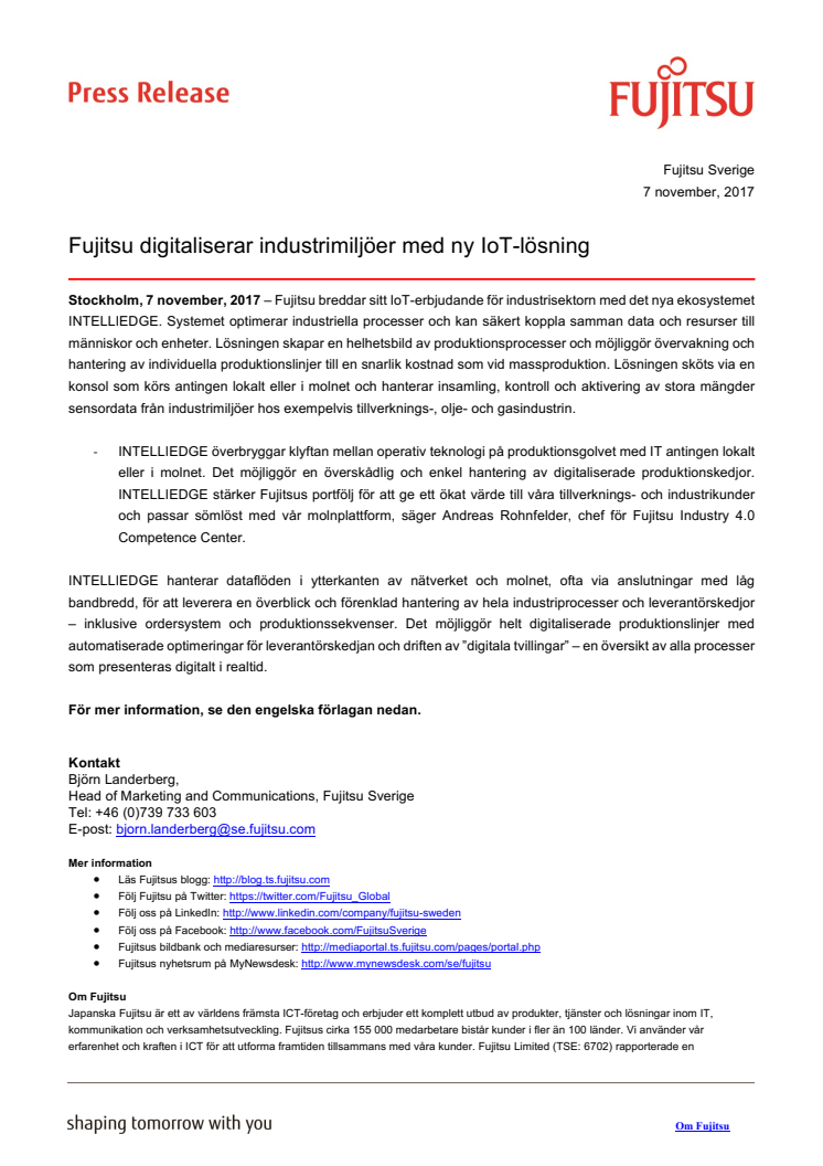 Fujitsu digitaliserar industrimiljöer med ny IoT-lösning  
