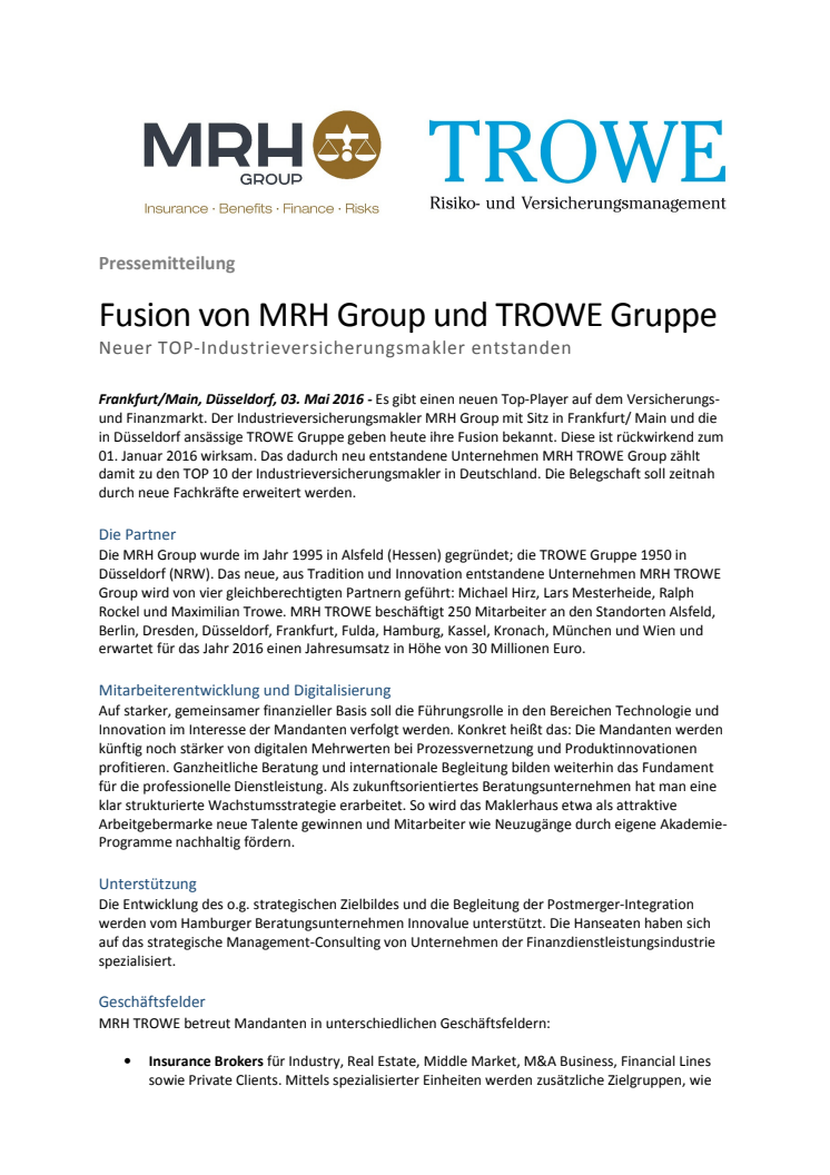 Fusion von MRH Group und TROWE Gruppe