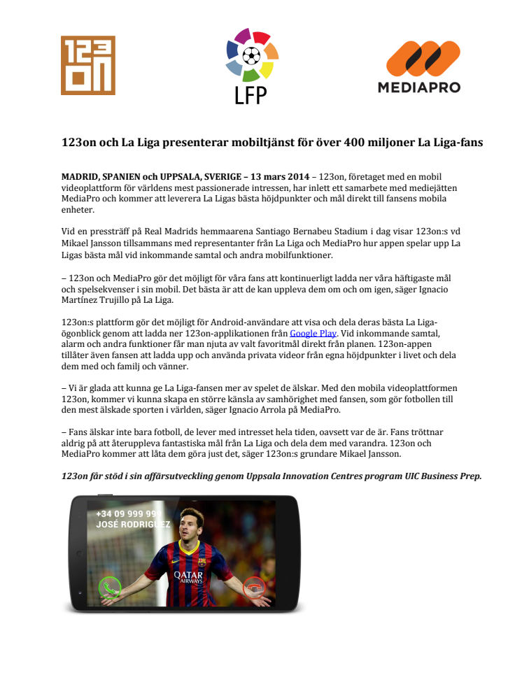 123on och La Liga presenterar mobiltjänst för över 400 miljoner La Liga-fans