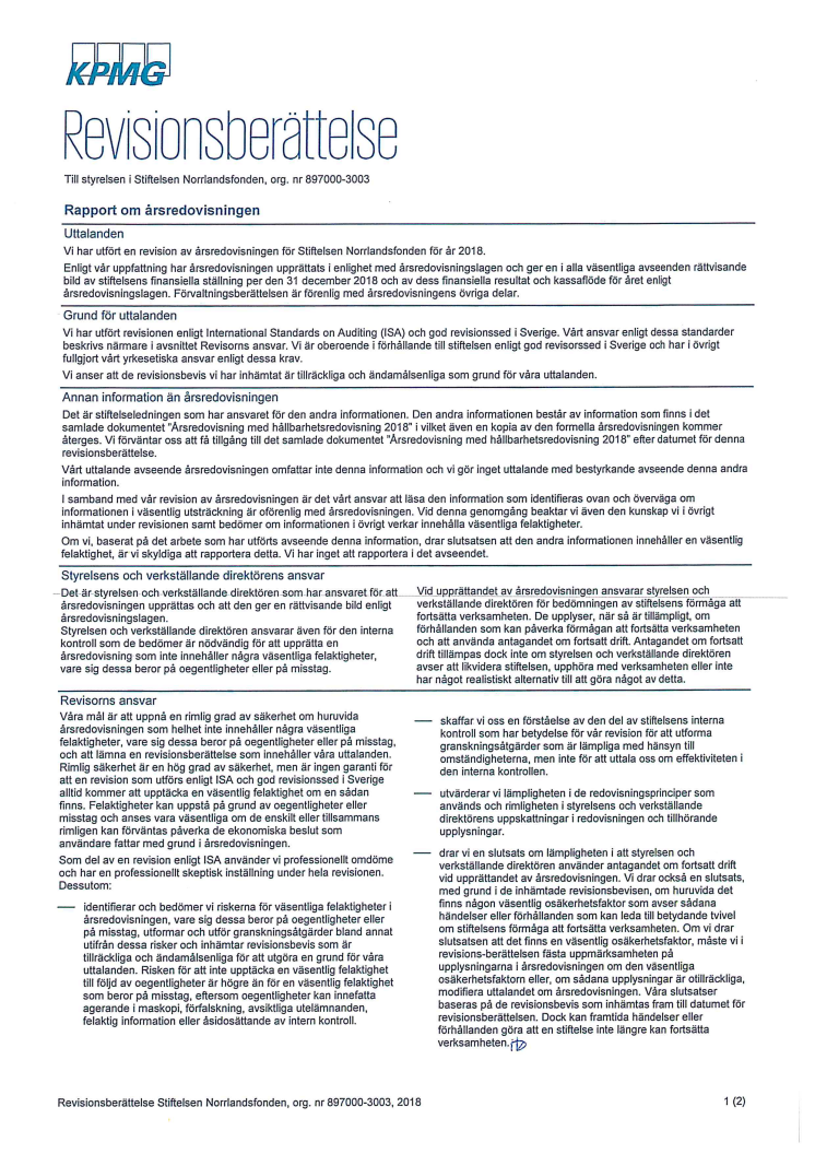 Revisionberättelse 2018 samt Revisors rapport över  översiktlig granskning av Norrlandsfondens hållbarhetsredovisning 2018