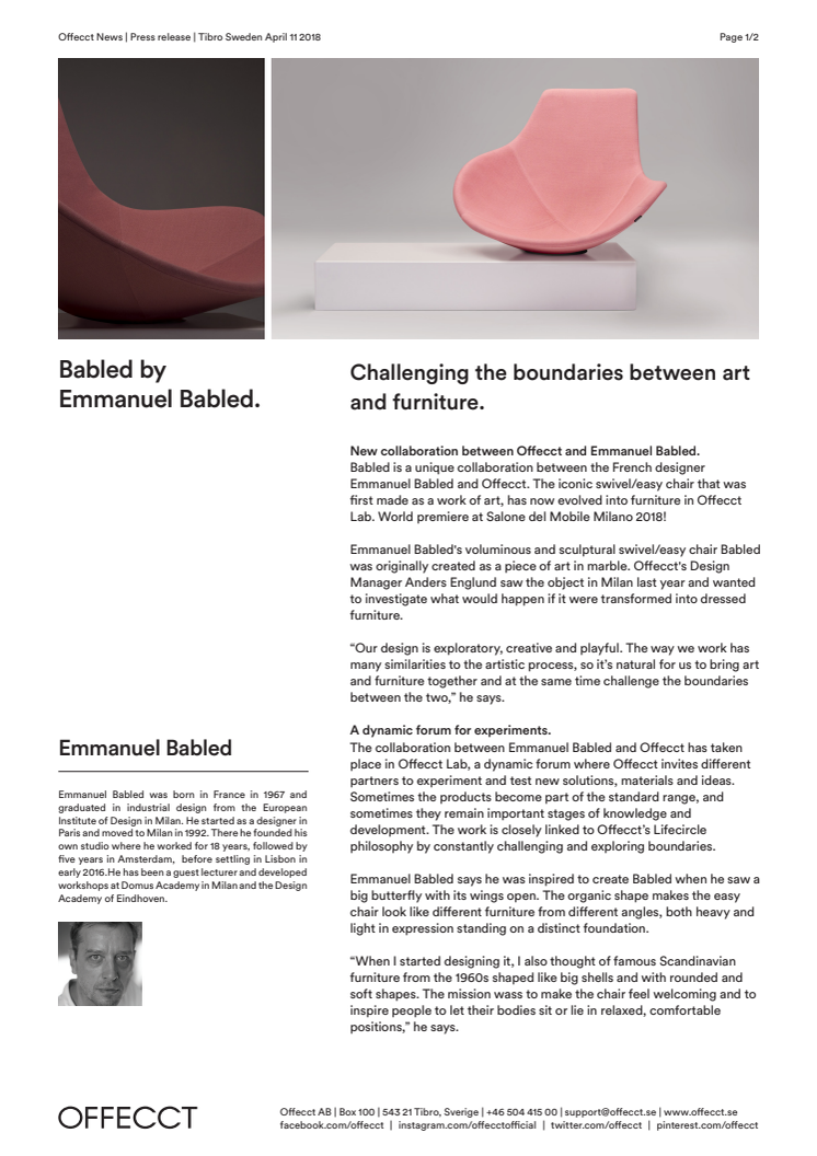 New collaboration between Offecct and Emmanuel Babled.