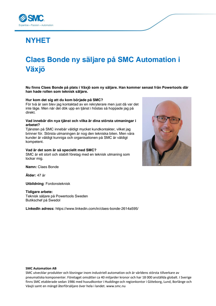 Claes Bonde ny säljare på SMC Automation i Växjö