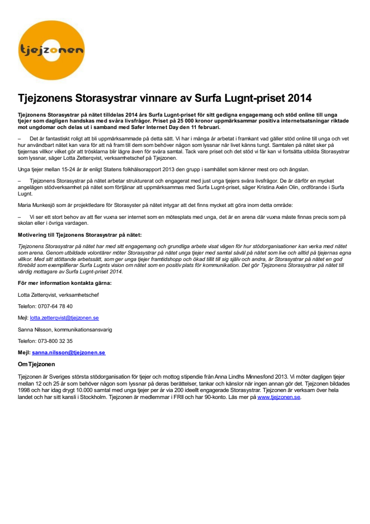 Tjejzonens Storasystrar vinnare av Surfa Lugnt-priset 2014