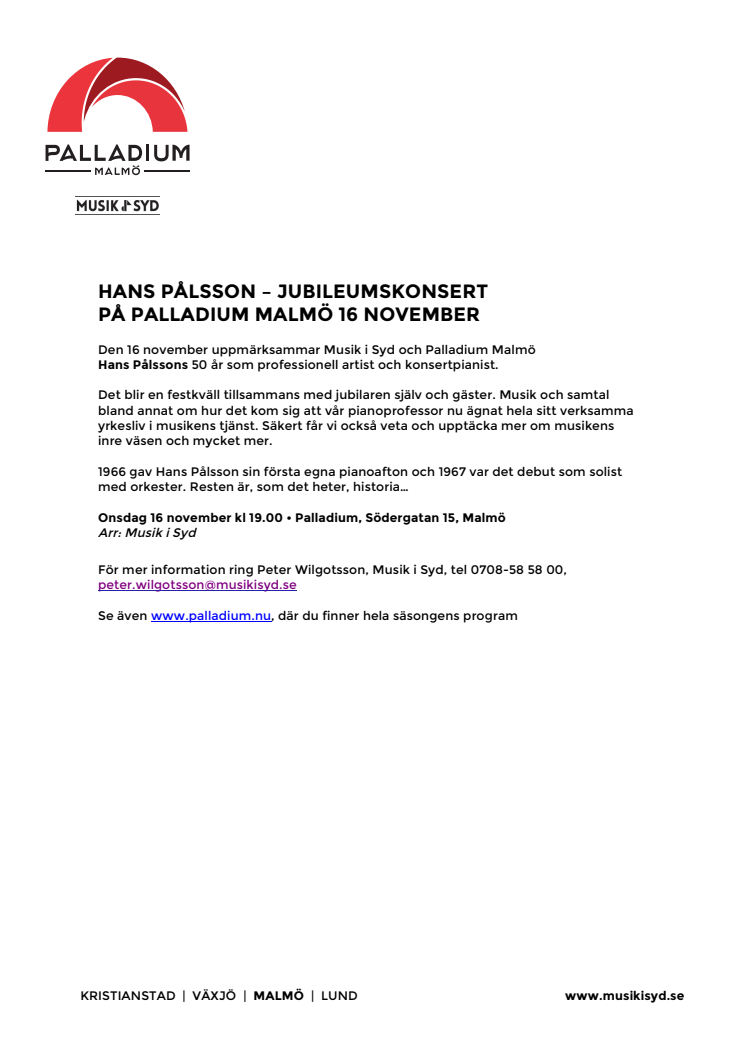 Hans Pålsson – Jubileumskonsert på Palladium Malmö den 16 november