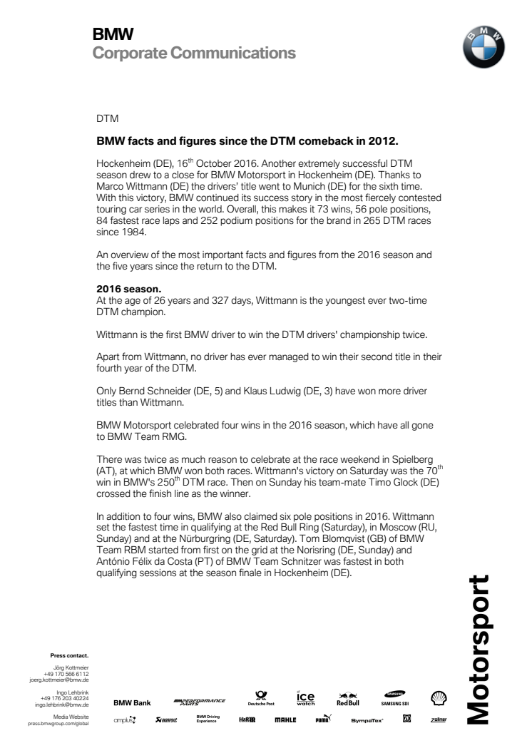 BMW facts and figures since the DTM comeback in 2012