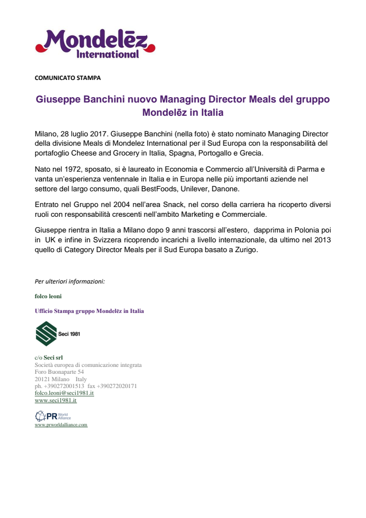 Giuseppe Banchini nuovo Managing Director Meals del gruppo Mondelēz in Italia  