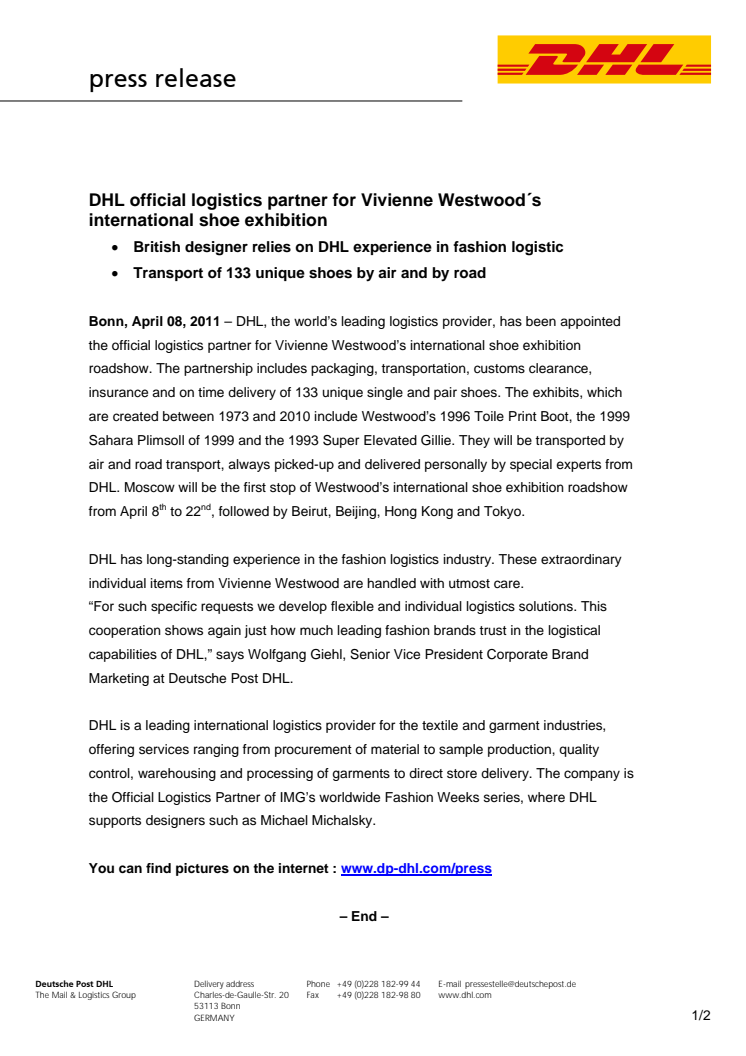 DHL er officiel logistikpartner for Vivienne Westwood's internationale skoudstilling
