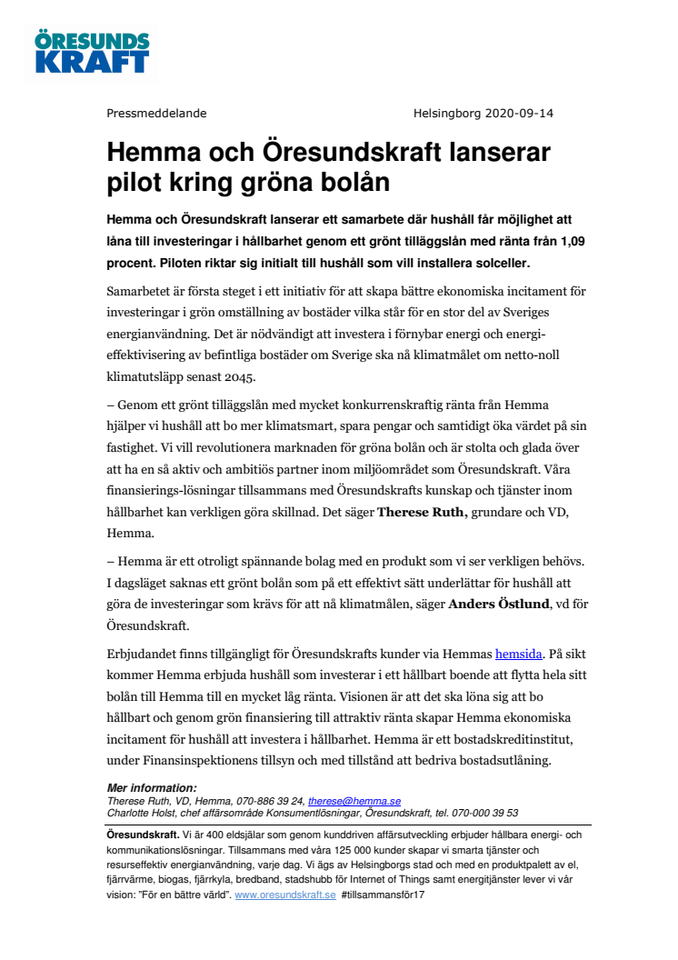 Hemma och Öresundskraft lanserar pilot kring gröna bolån