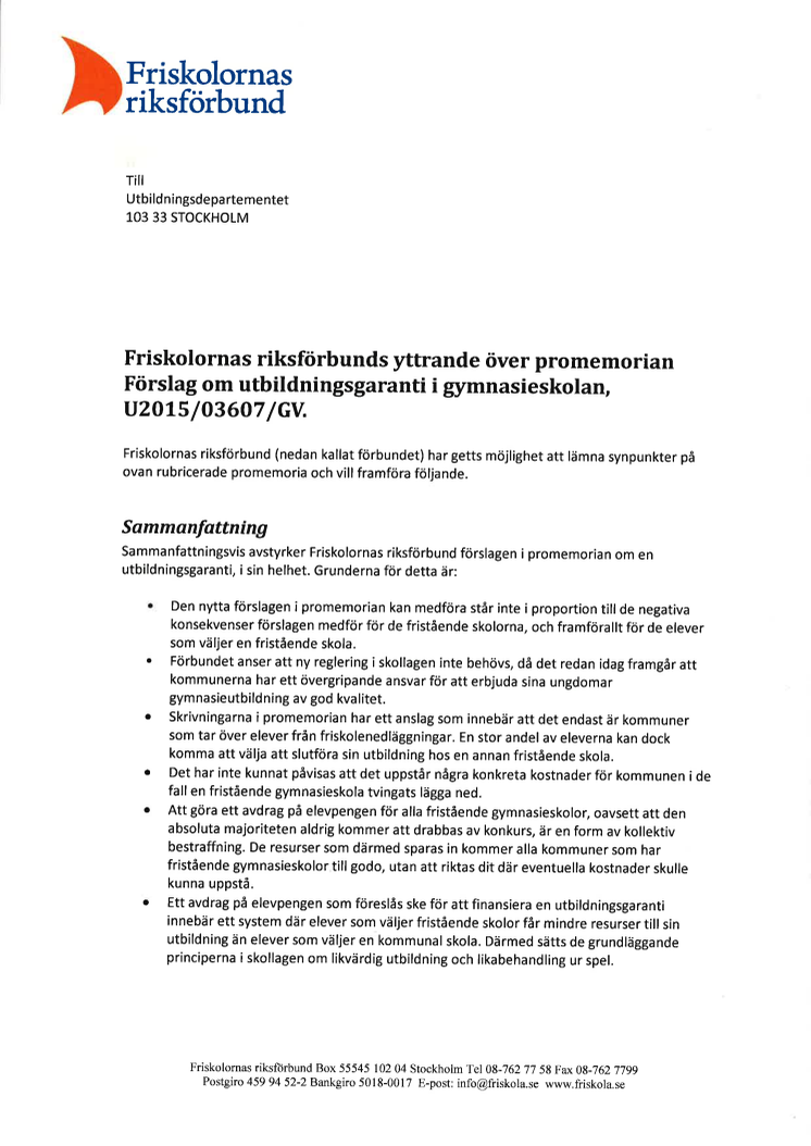 Yttrande över promemorian Förslag om utbildningsgaranti i gymnasieskolan