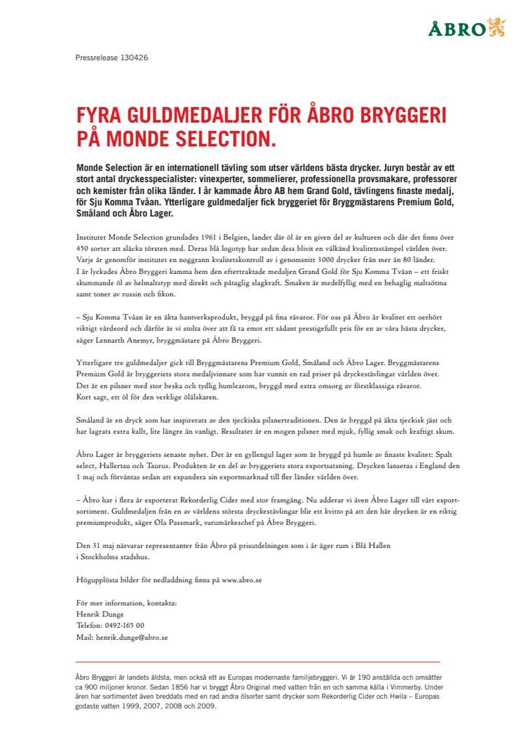 Fyra guldmedaljer för Åbro Bryggeri på Monde Selection