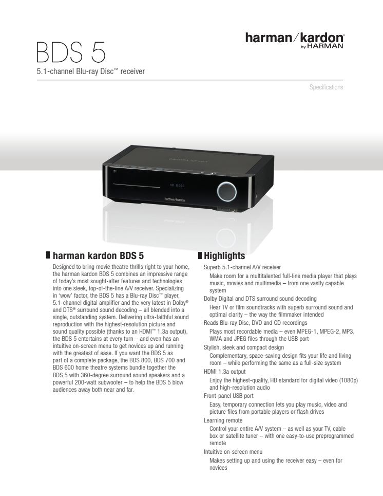 Specification sheet - harman kardon BDS 5 (English)