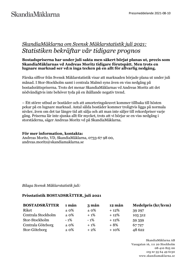 SkandiaMäklarna om Svensk Mäklarstatistik juli 2021:  Statistiken bekräftar vår tidigare prognos
