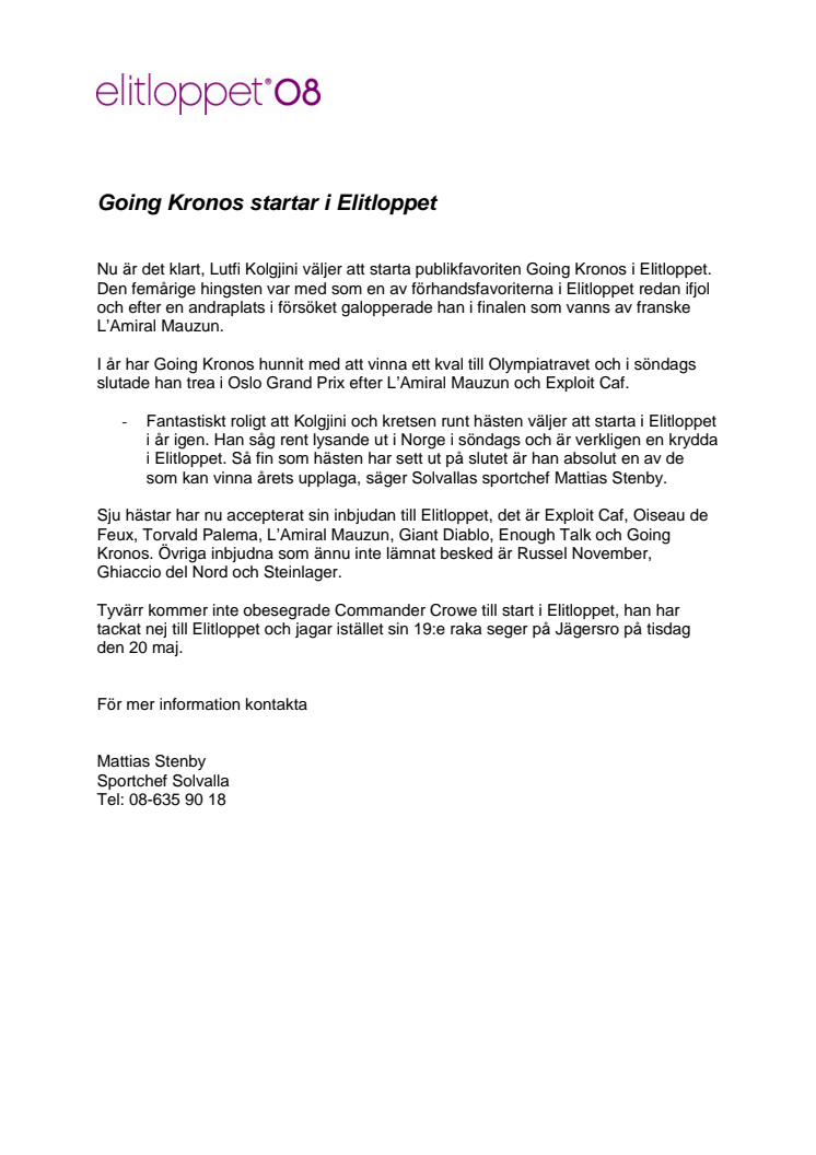 Going Kronos startar i Elitloppet
