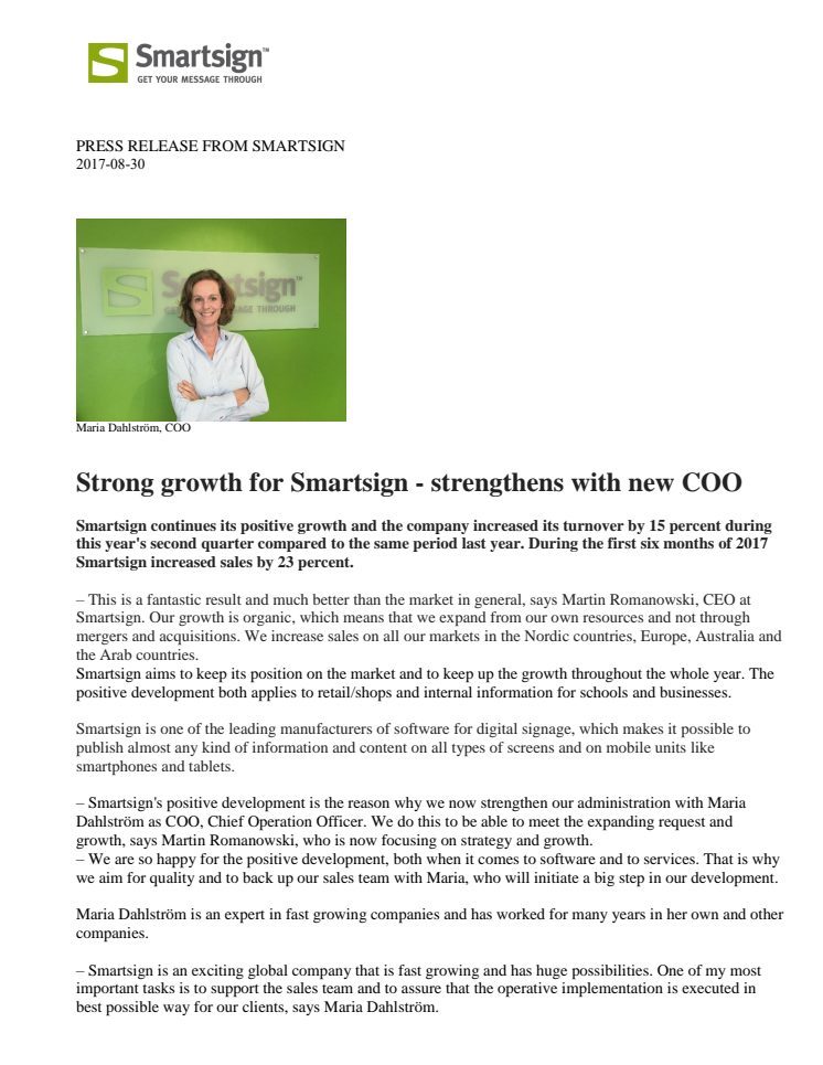 Strong growth for Smartsign - strengthens with new COO