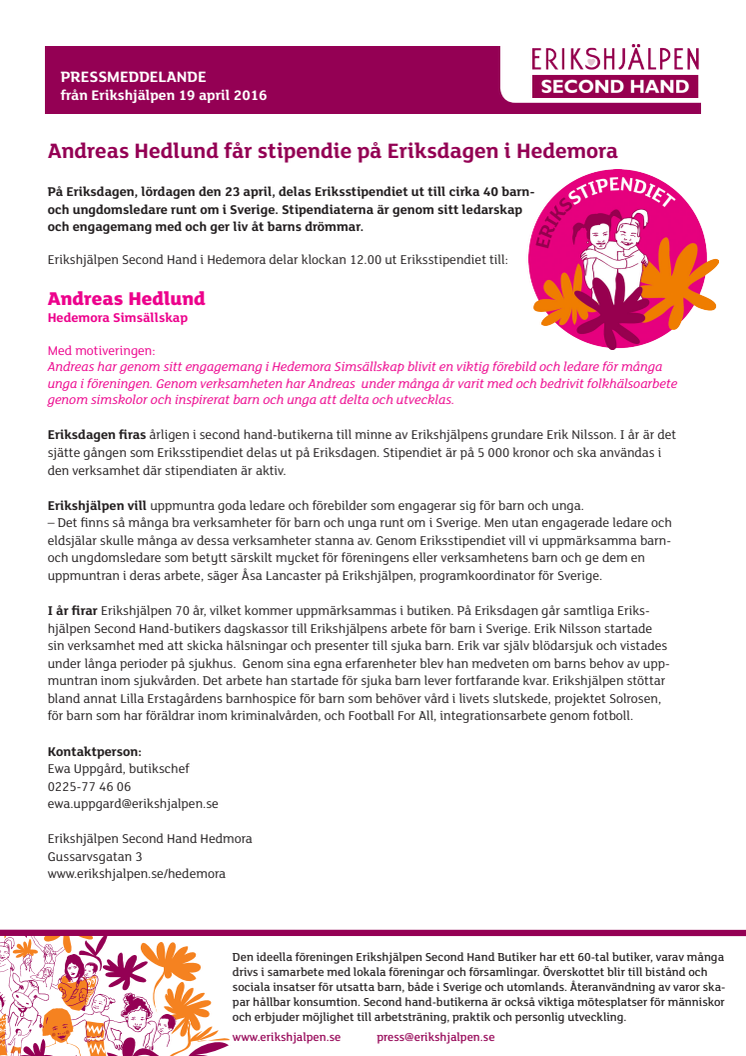 Andreas Hedlund får Eriksstipendiet i Hedemora