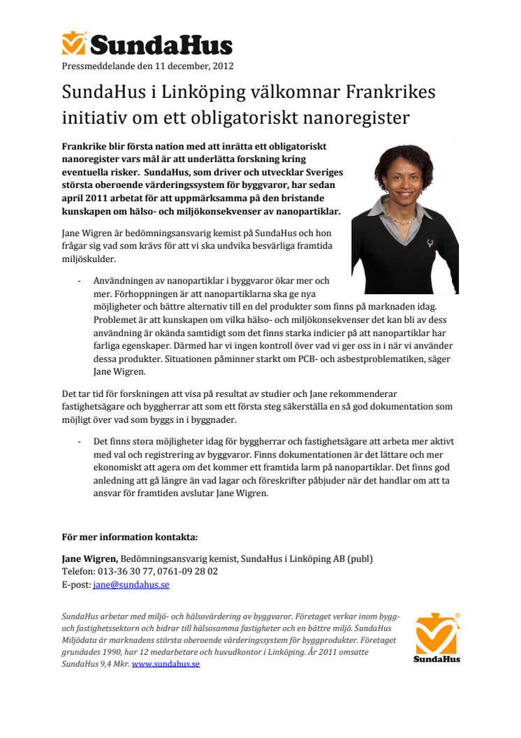 SundaHus i Linköping välkomnar Frankrikes initiativ om ett obligatoriskt nanoregister