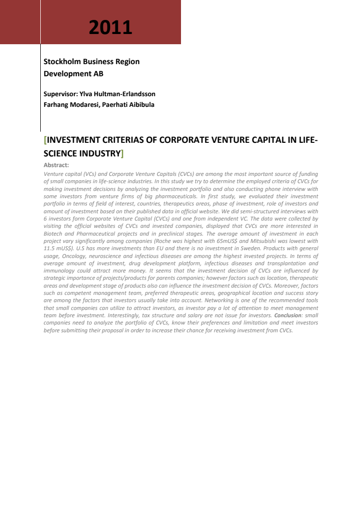 Investment criteria of corporate venture capital in life science industry