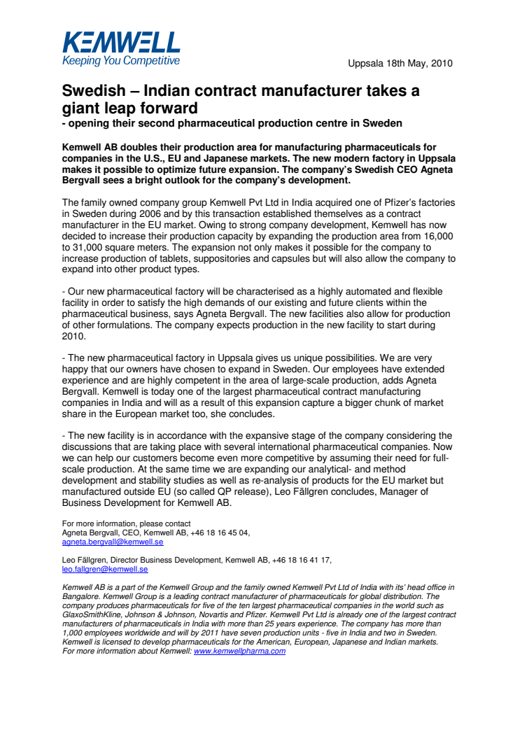 Swedish - Indian contract manufacturer takes a giant leap forward - opening their second pharmaceutical production centre in Sweden