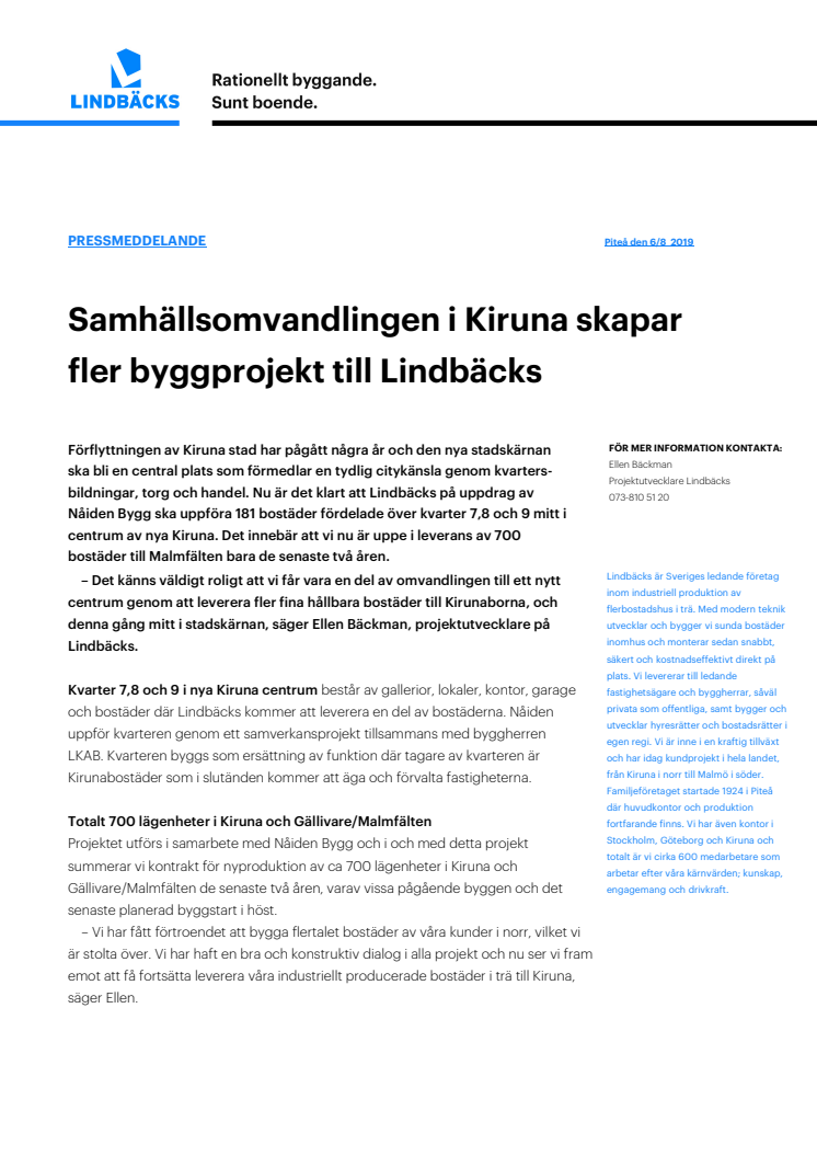 Samhällsomvandlingen i Kiruna skapar fler byggprojekt åt Lindbäcks