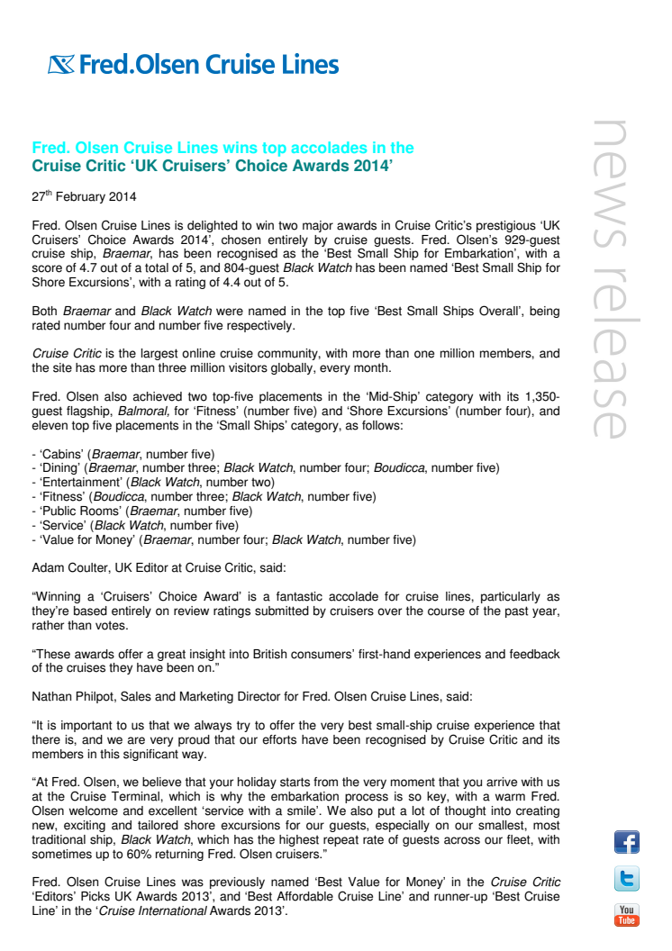 Fred. Olsen Cruise Lines wins top accolades in the  Cruise Critic ‘UK Cruisers’ Choice Awards 2014’