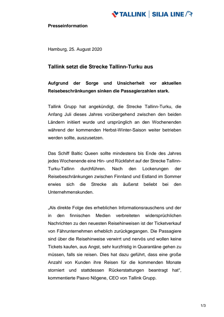 Tallink setzt die Strecke Tallinn-Turku aus
