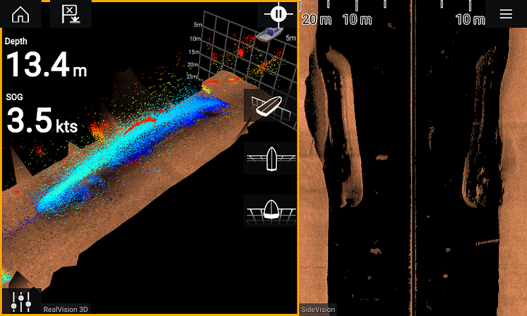 High res image - Raymarine - Point Mode (left) provides the highest resolution 3D imagery of underwater objects.   CHIRP SideVision (right) provides photo-like details.