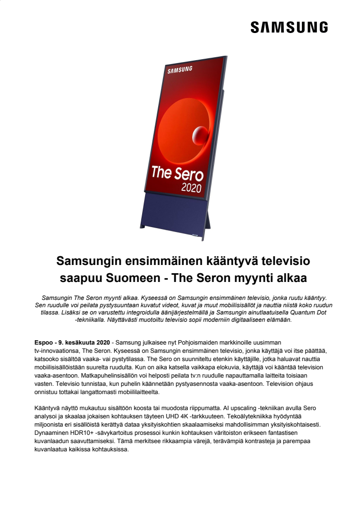 Samsungin ensimmäinen kääntyvä televisio saapuu Suomeen - The Seron myynti alkaa