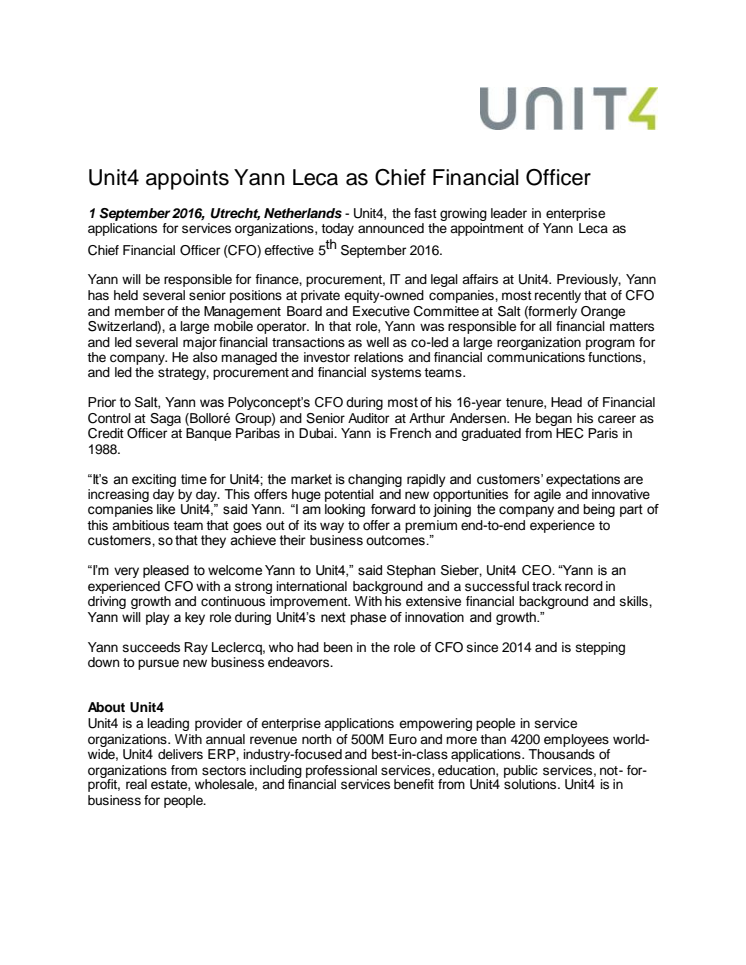 Unit4 utser Yann Leca till Chief Financial Officer 