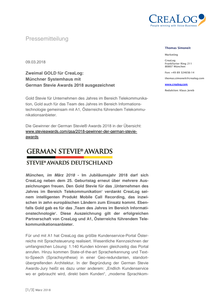 Zweimal GOLD für CreaLog: Münchner Systemhaus mit  German Stevie Awards 2018 ausgezeichnet