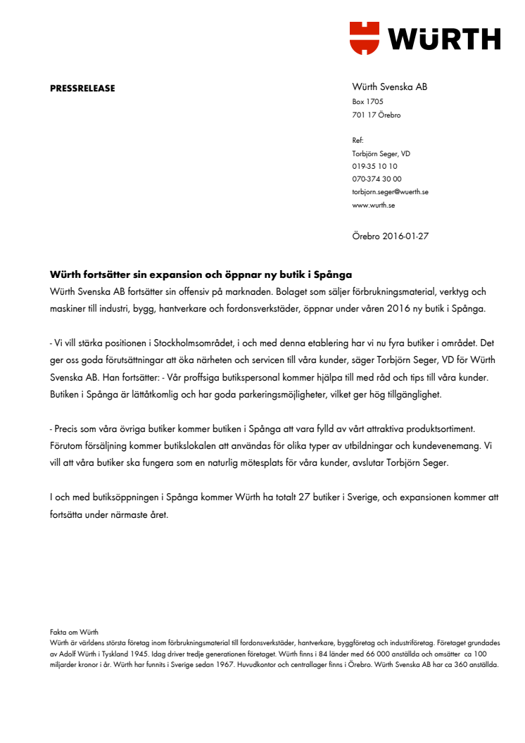 Würth fortsätter sin expansion och öppnar ny butik i Spånga
