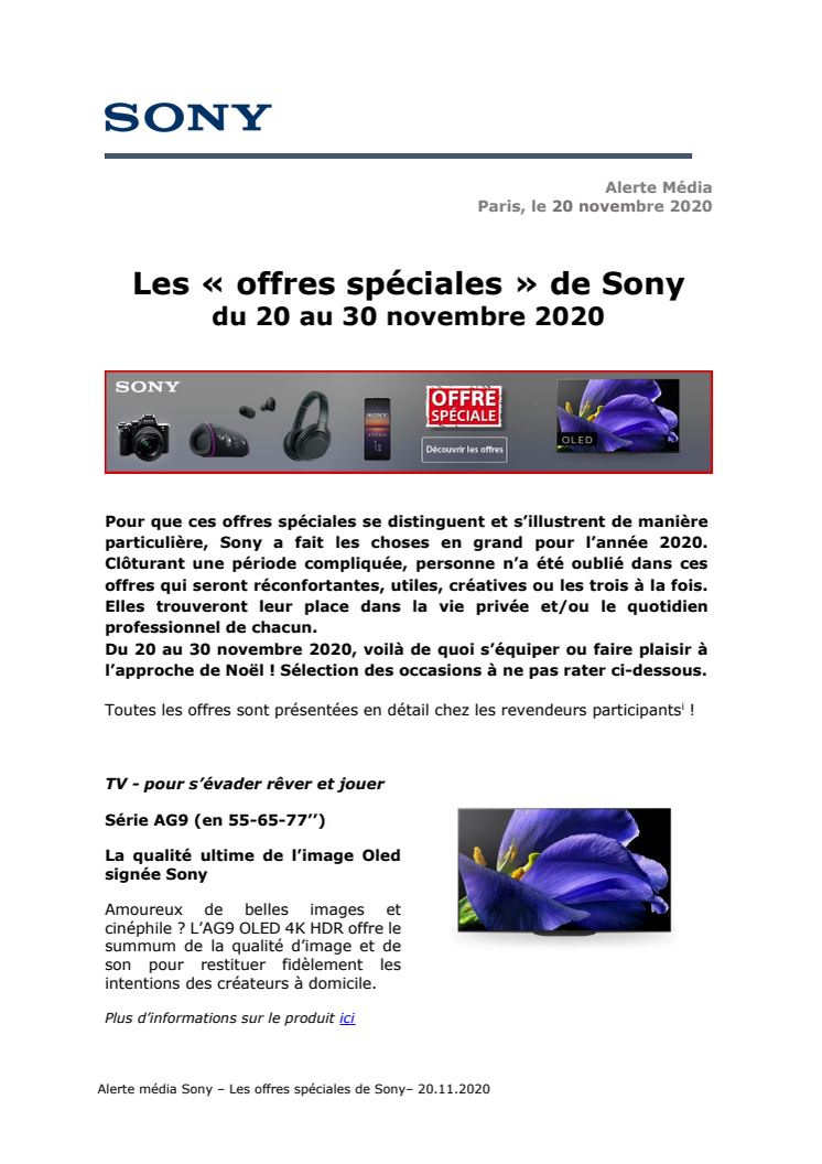 Les « offres spéciales » de Sony  du 20 au 30 novembre 2020