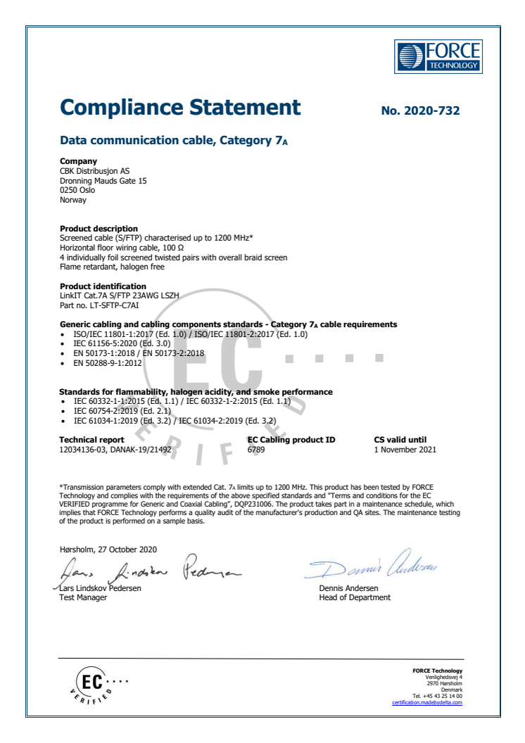 OEM Sertifikat Cat.7a (Force Technology)