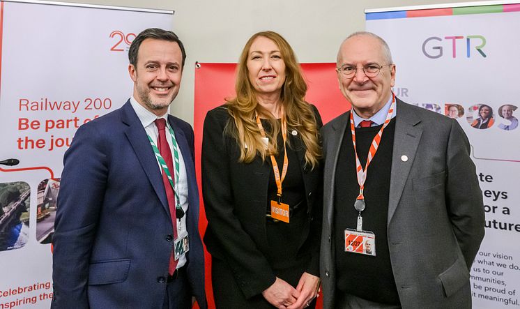 Pictured: Kevin Bonavia MP for Stevenage, Angie Doll CEO of GTR and Rail Minister Lord Peter Hendy