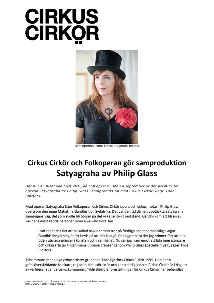 Cirkus Cirkör och Folkoperan gör samproduktion:  Satyagraha av Philip Glass