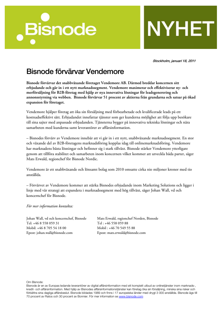 Bisnode förvärvar Vendemore