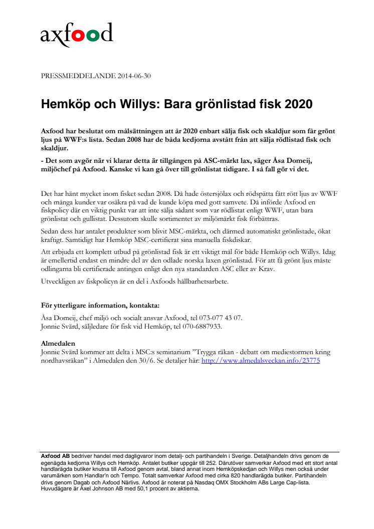 Hemköp och Willys: Bara grönlistad fisk 2020