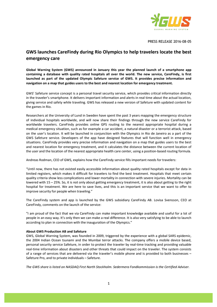 GWS launches CareFindy during Rio Olympics to help travelers locate the best emergency care