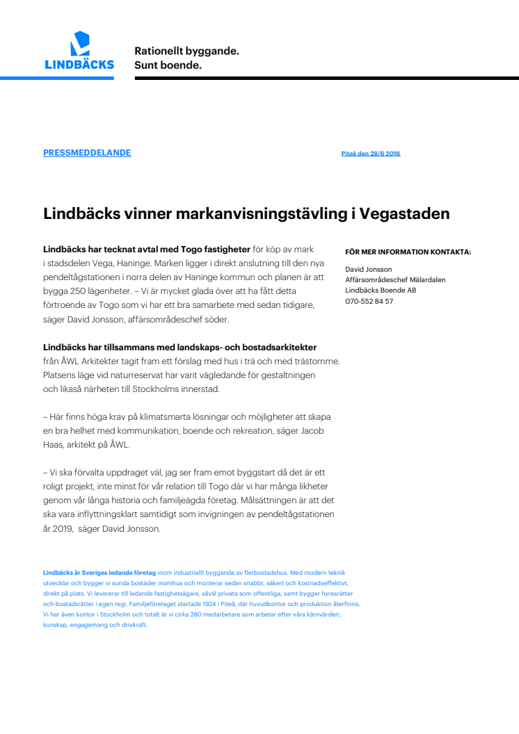 Lindbäcks vinner markanvisningstävling i Vegastaden