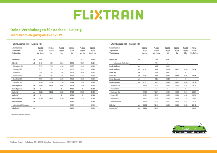 Fahrplan FlixTrain - Verbindung Aachen - Leipzig