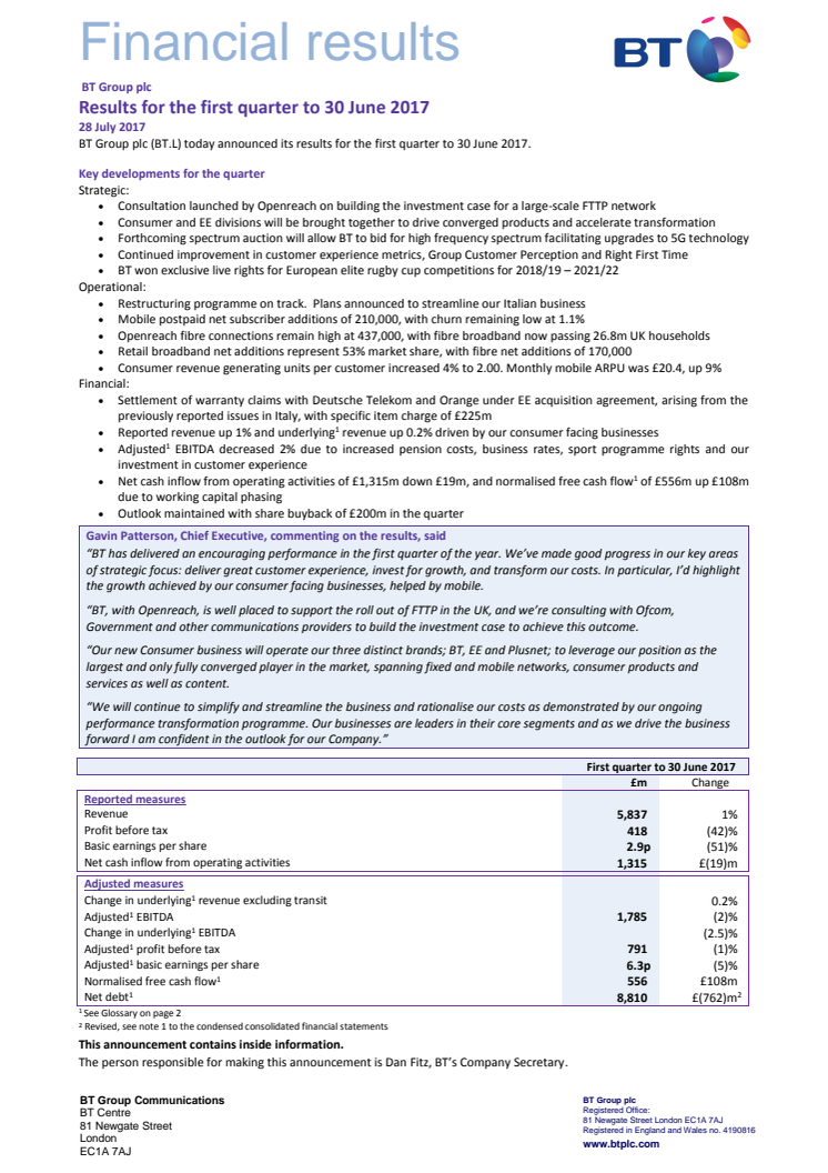 Results for the first quarter to 30 June 2017