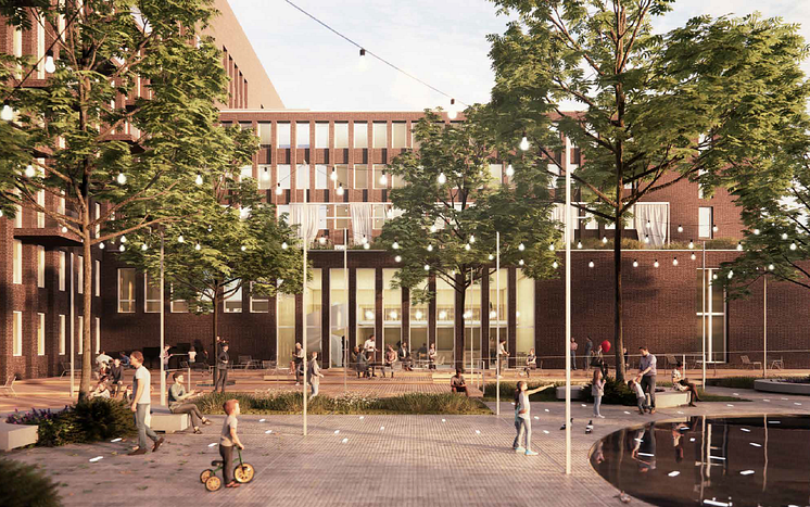 Bild 3 Drotsen 1. Perspektiv väster restaurang. Illustration Heimstaden