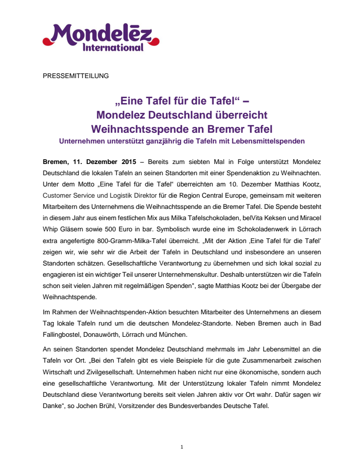 „Eine Tafel für die Tafel“ - Mondelez Deutschland überreicht Weihnachtsspende an Bremer Tafel