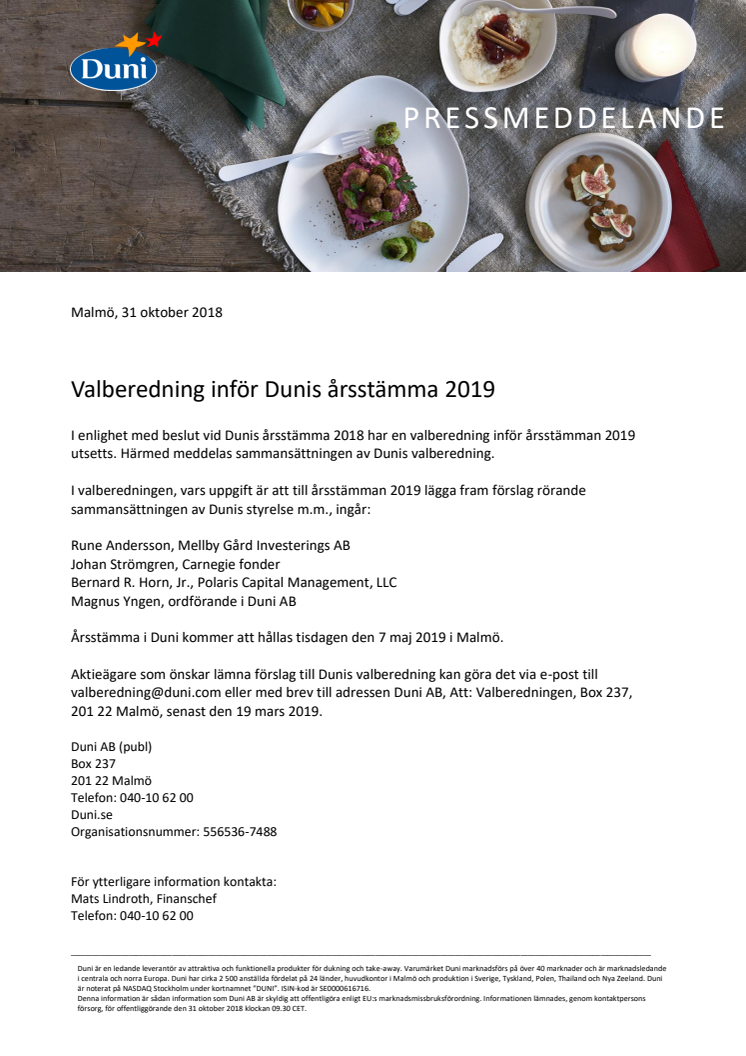 Valberedning inför Dunis årsstämma 2019