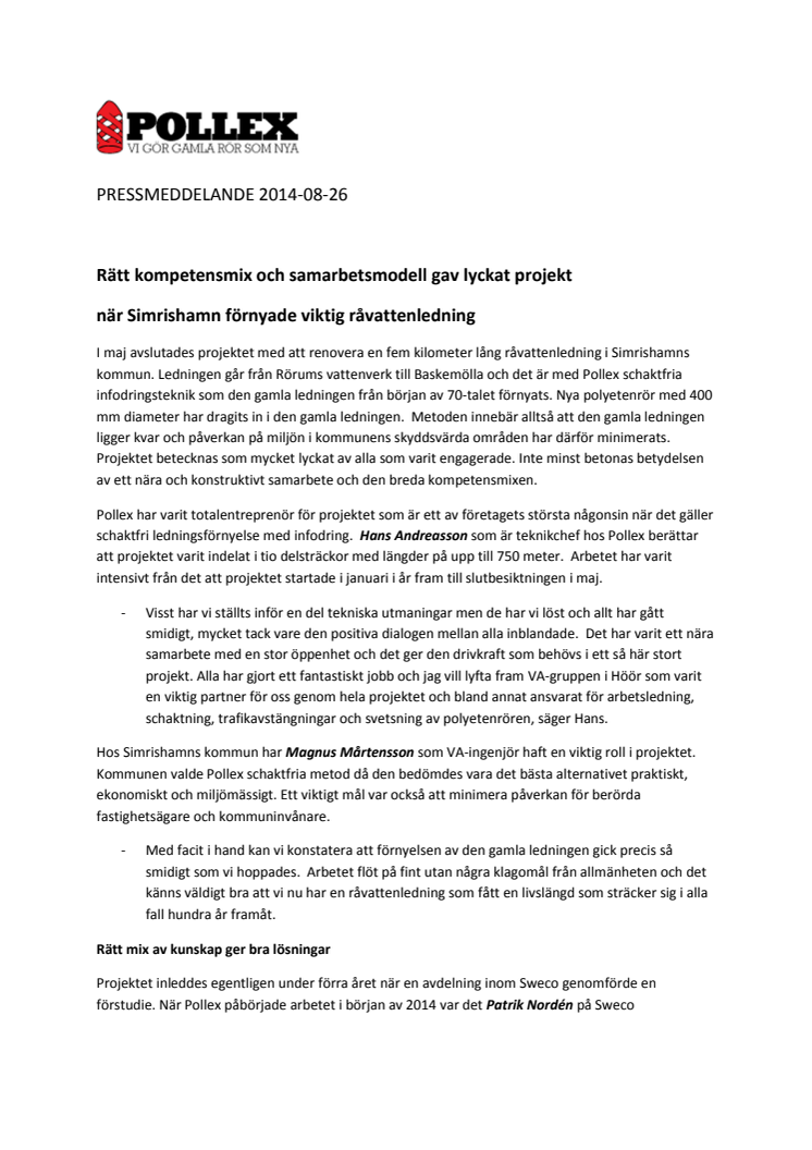 Rätt kompetensmix och samarbetsmodell gav lyckat projekt när Simrishamn förnyade viktig råvattenledning